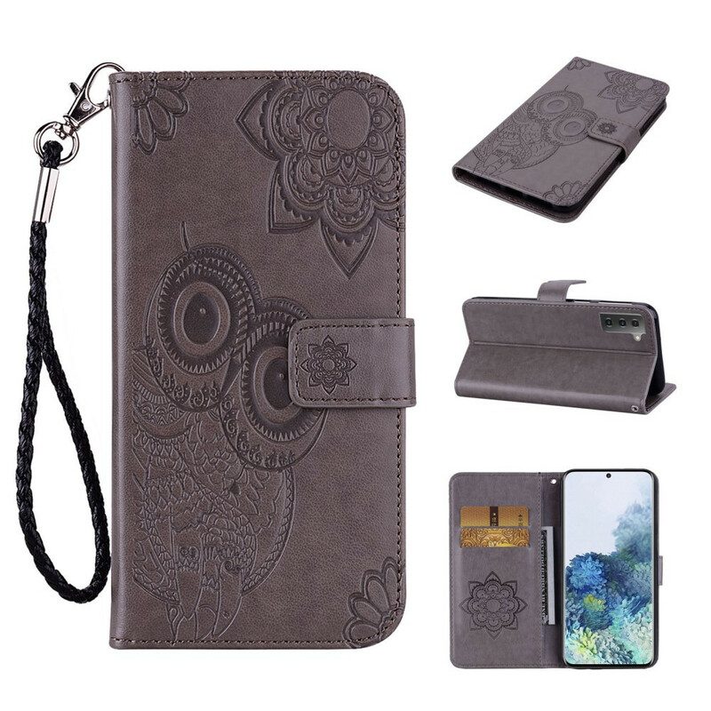 Custodia in pelle Samsung Galaxy S21 FE Gufo Mandala E Cordino