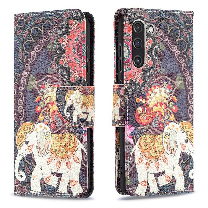 Custodia in pelle Samsung Galaxy S21 FE Mandala Di Elefanti Etnici