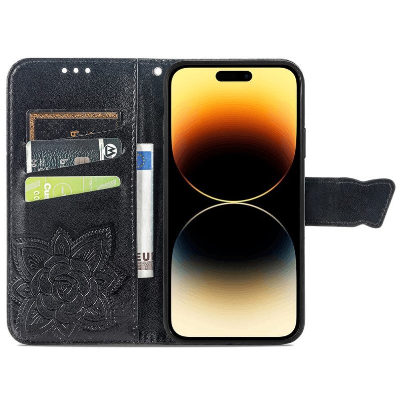 Custodia in pelle iPhone 15 Pro Max Farfalla Barocca Con Cinturino