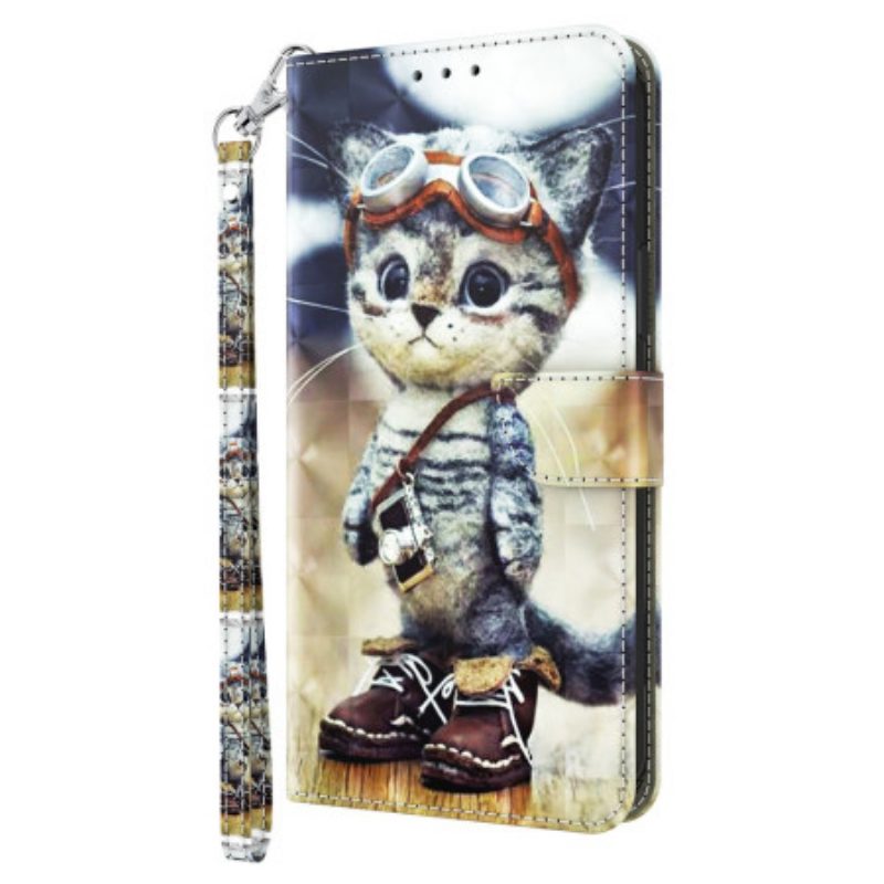 Custodia in pelle iPhone 15 Pro Max Gatto Aviatore Con Cinturino