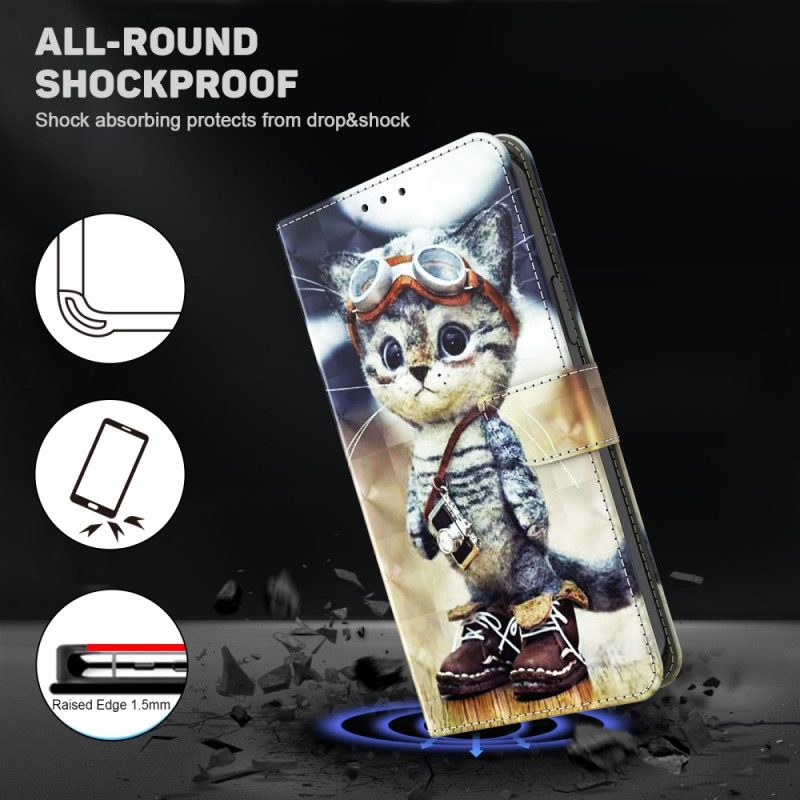 Custodia in pelle iPhone 15 Pro Max Gatto Aviatore Con Cinturino