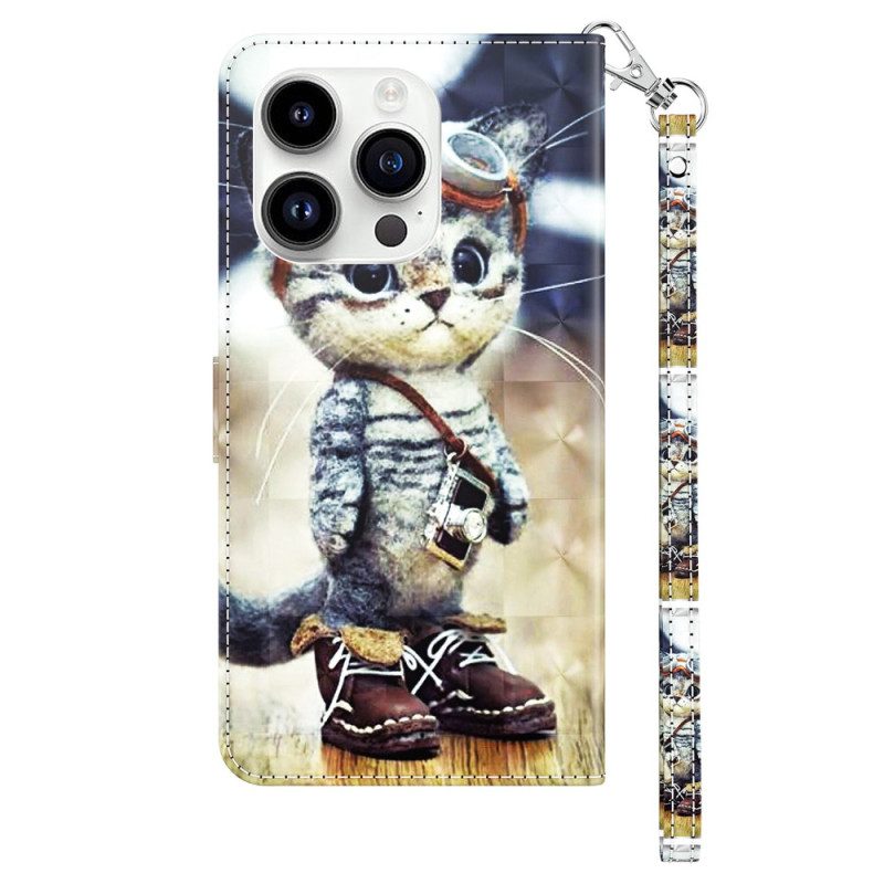 Custodia in pelle iPhone 15 Pro Max Gatto Aviatore Con Cinturino