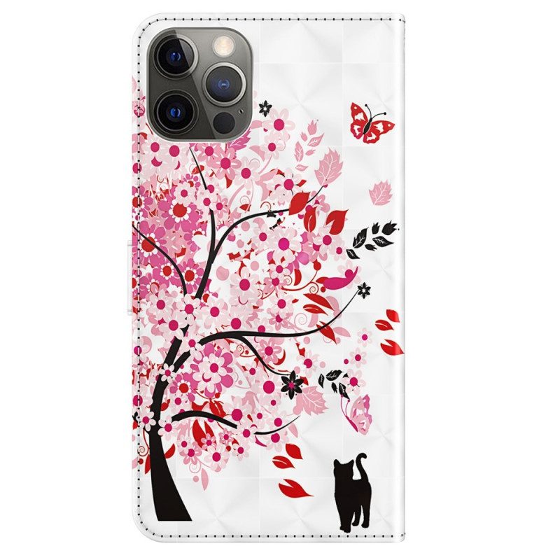 Custodia in pelle iPhone 15 Pro Max Gatto Sotto L'albero Rosso 3d Con Cinturino