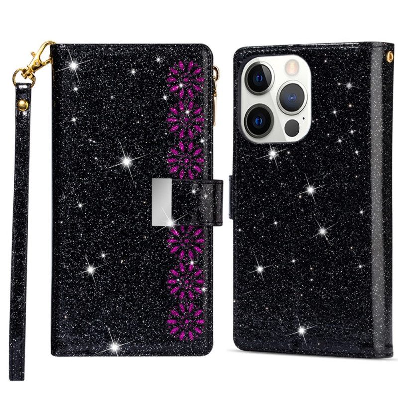 Custodia in pelle iPhone 15 Pro Max Glitter Con Portamonete