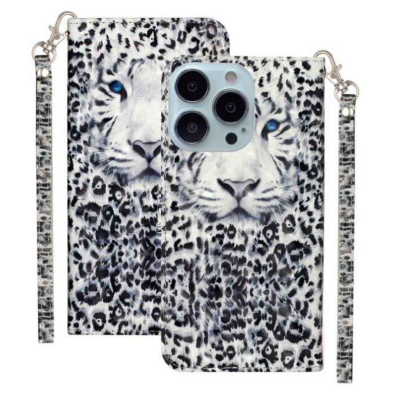 Custodia in pelle iPhone 15 Pro Max Leopardo 3d Con Cinturino