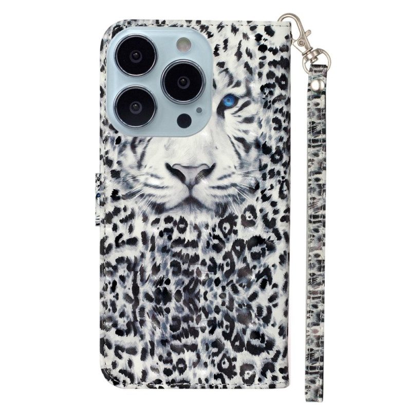 Custodia in pelle iPhone 15 Pro Max Leopardo 3d Con Cinturino