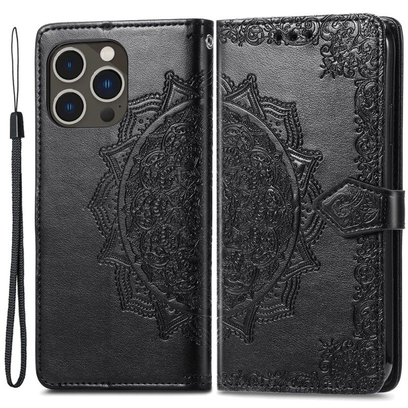 Custodia in pelle iPhone 15 Pro Max Mandala Barocco Con Cinturino