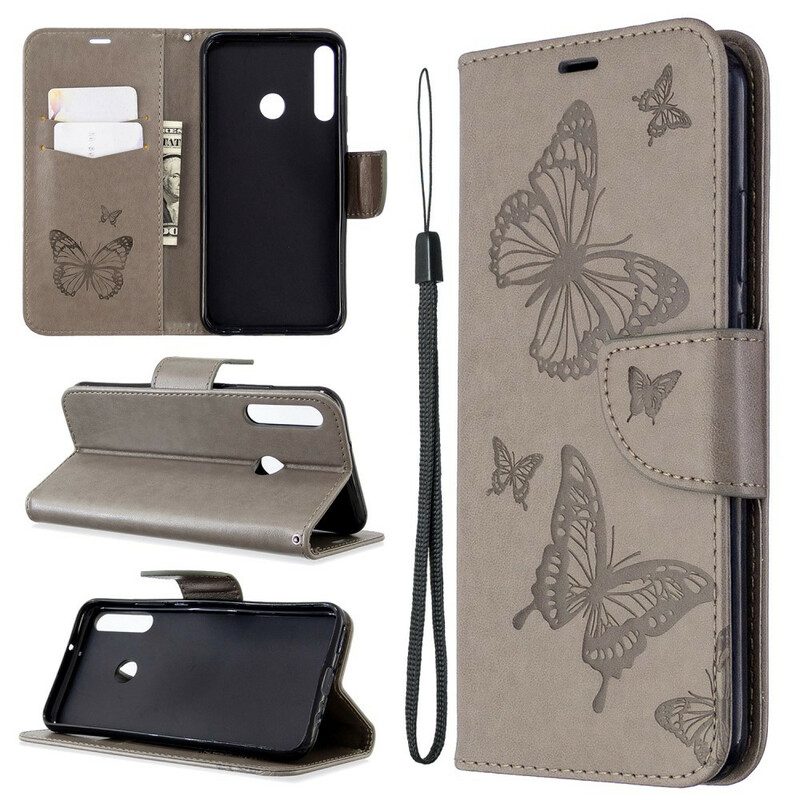 Custodia in pelle Huawei Y7p Folio Cover Farfalle E Lembo Obliquo