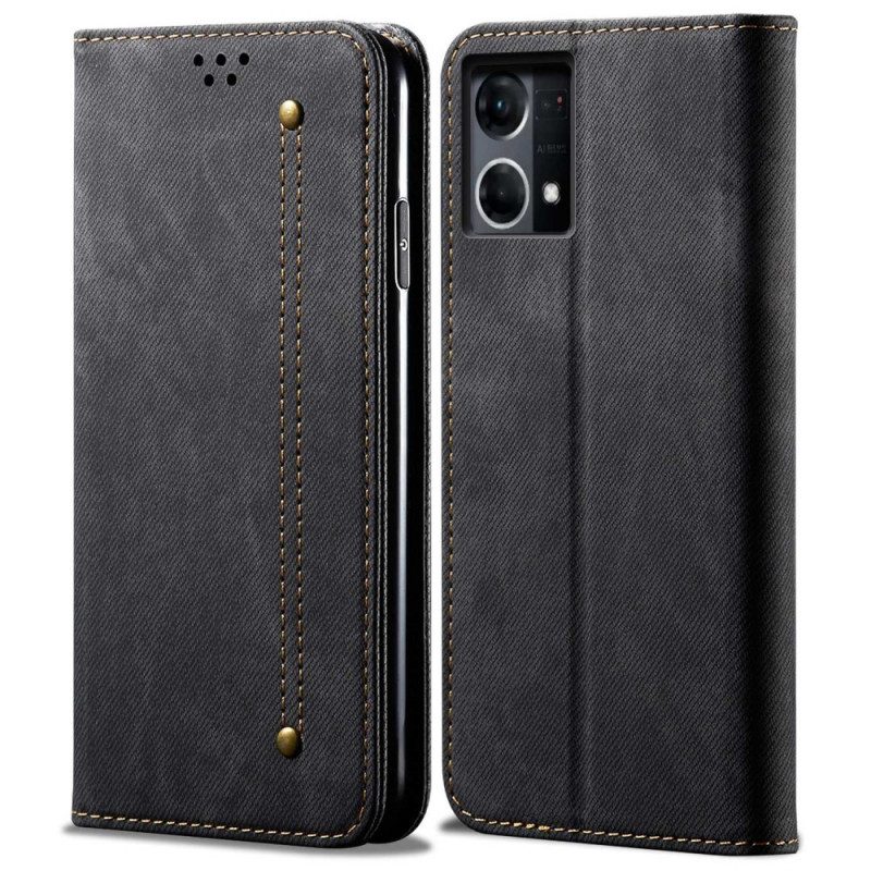 Folio Cover Oppo Reno 7 Custodia in pelle Tessuto Denim