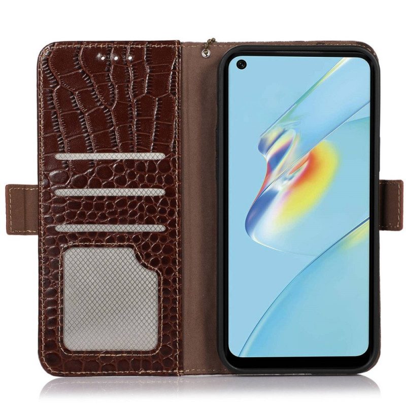 Folio Cover Oppo Reno 7 Vera Pelle Stile Coccodrillo Rfid