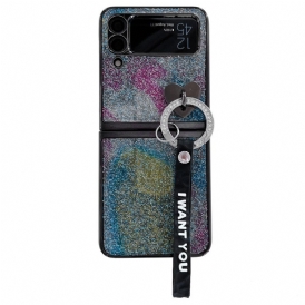 Folio Cover Samsung Galaxy Z Flip 3 5G Custodia in pelle Ciondoli E Cordino In Paillettes