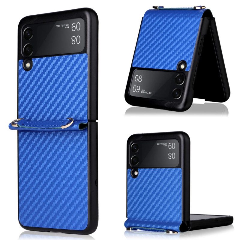 Folio Cover Samsung Galaxy Z Flip 3 5G Custodia in pelle Fibra Di Carbonio Con Cordino