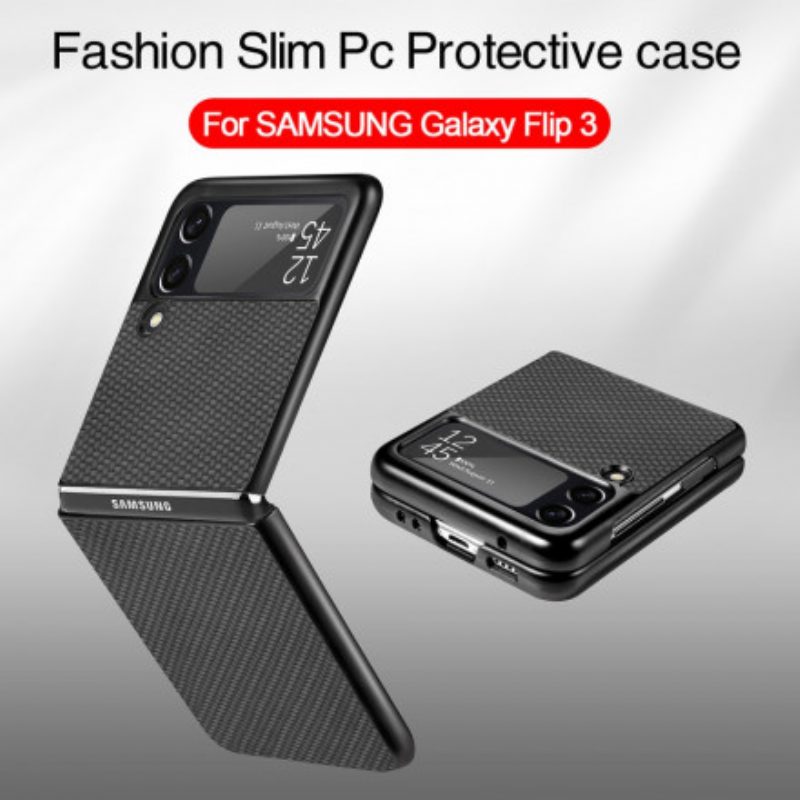 Folio Cover Samsung Galaxy Z Flip 3 5G Custodia in pelle Fibra Di Carbonio Testurizzata