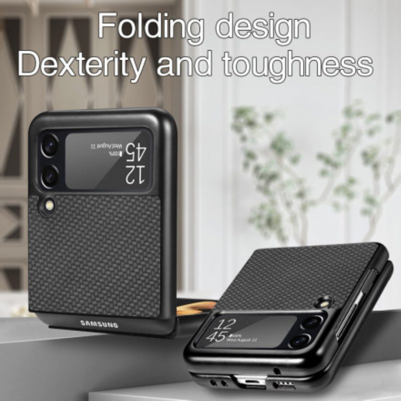 Folio Cover Samsung Galaxy Z Flip 3 5G Custodia in pelle Fibra Di Carbonio Testurizzata