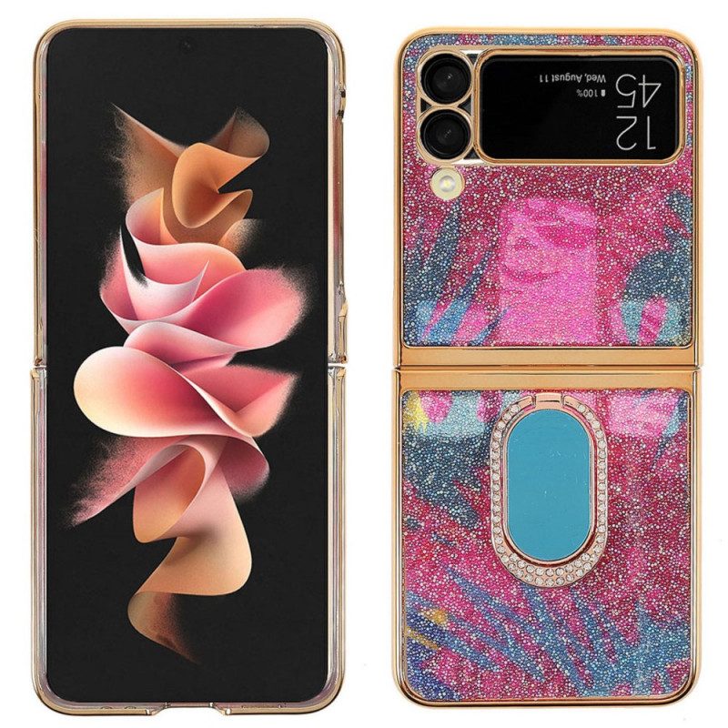 Folio Cover Samsung Galaxy Z Flip 3 5G Custodia in pelle Pietre Fantasia Con Anello-supporto