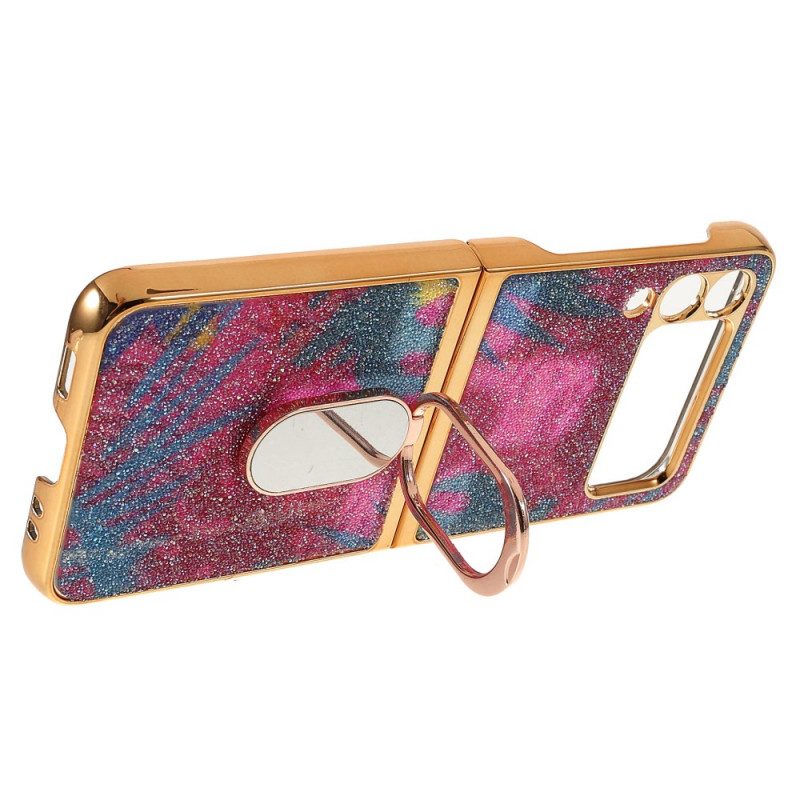 Folio Cover Samsung Galaxy Z Flip 3 5G Custodia in pelle Pietre Fantasia Con Anello-supporto