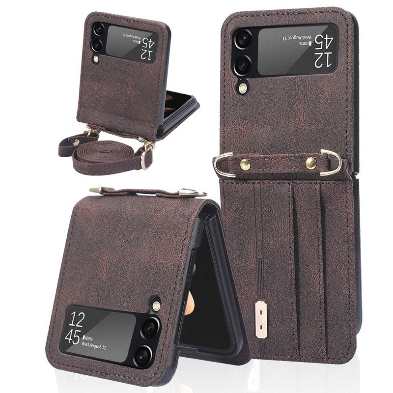 Folio Cover Samsung Galaxy Z Flip 3 5G Custodia in pelle Portacarte E Cordino In Pelle Stile