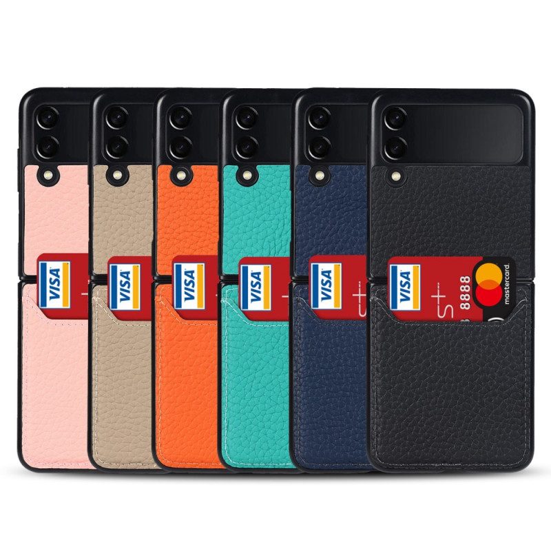 Folio Cover Samsung Galaxy Z Flip 3 5G Custodia in pelle Portacarte In Vera Pelle Litchi