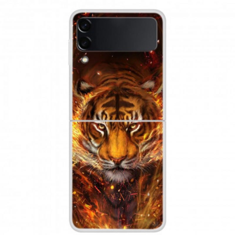 Folio Cover Samsung Galaxy Z Flip 3 5G Custodia in pelle Tigre Di Fuoco