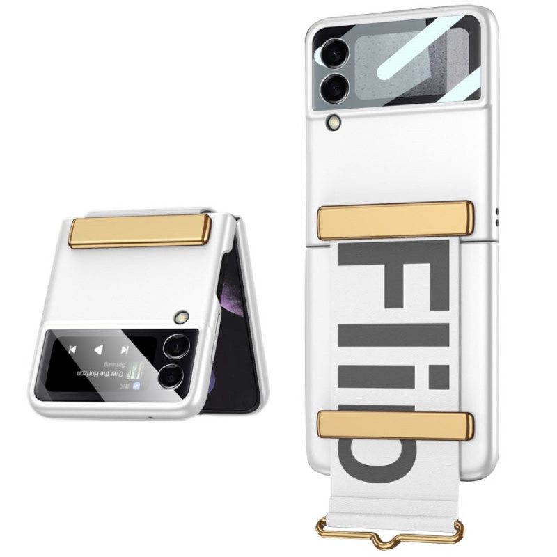 Folio Cover Samsung Galaxy Z Flip 3 5G Custodia in pelle Vetro Temperato E Cinturino Lettere Gkk