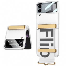 Folio Cover Samsung Galaxy Z Flip 3 5G Custodia in pelle Vetro Temperato E Cinturino Lettere Gkk