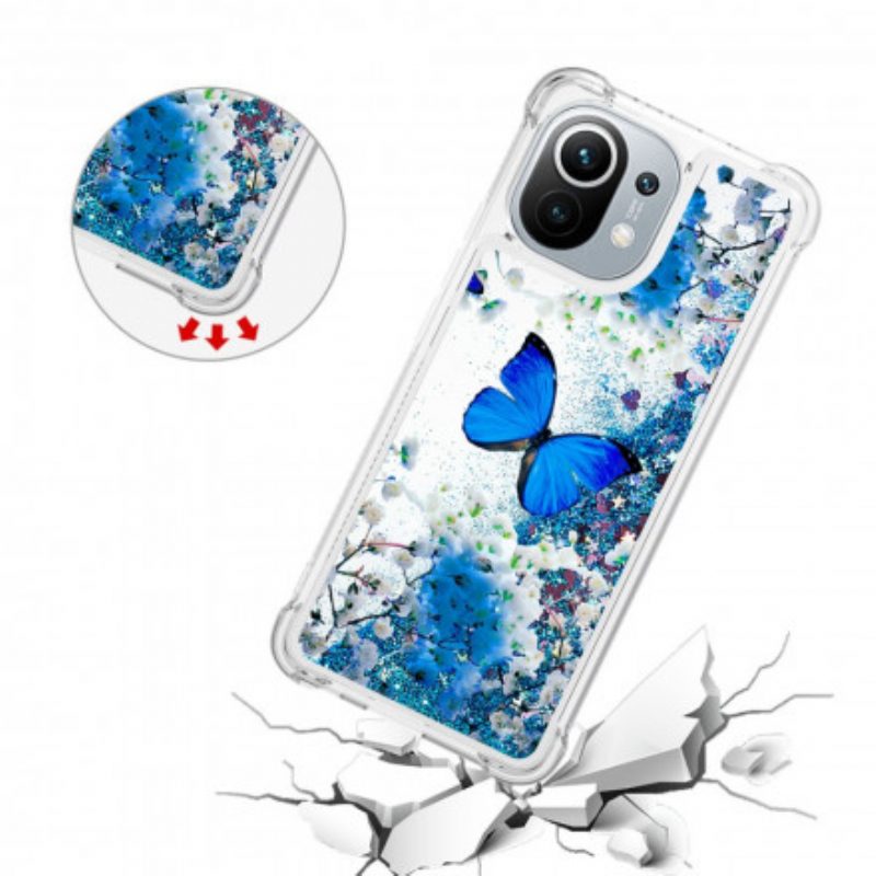 Cover Xiaomi Mi 11 (5G) Farfalle Blu Glitterate