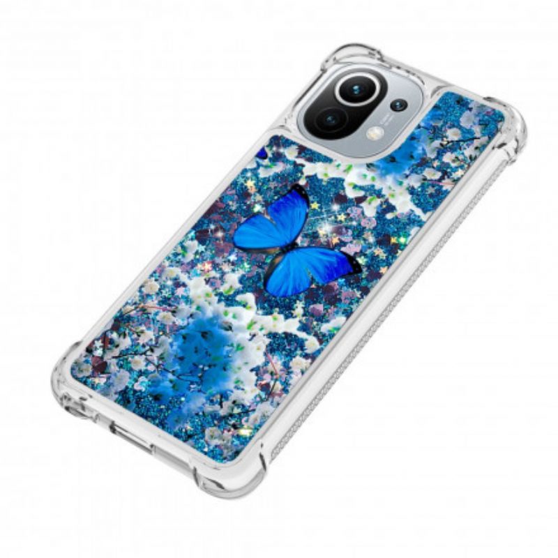 Cover Xiaomi Mi 11 (5G) Farfalle Blu Glitterate