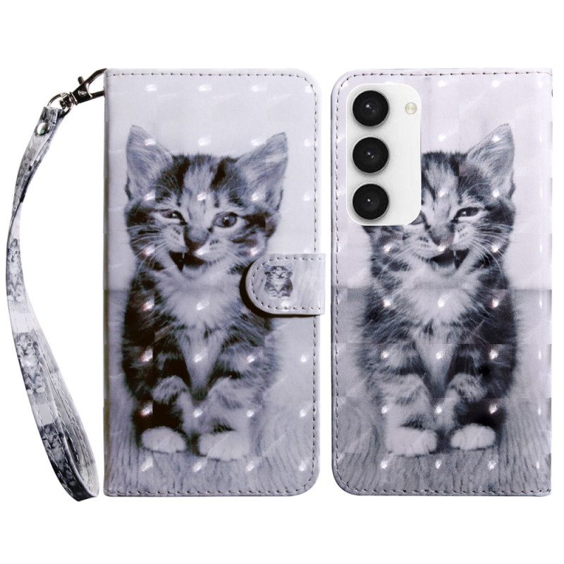 Custodia in pelle Samsung Galaxy S23 5G Gattino Grigio Con Cinturino