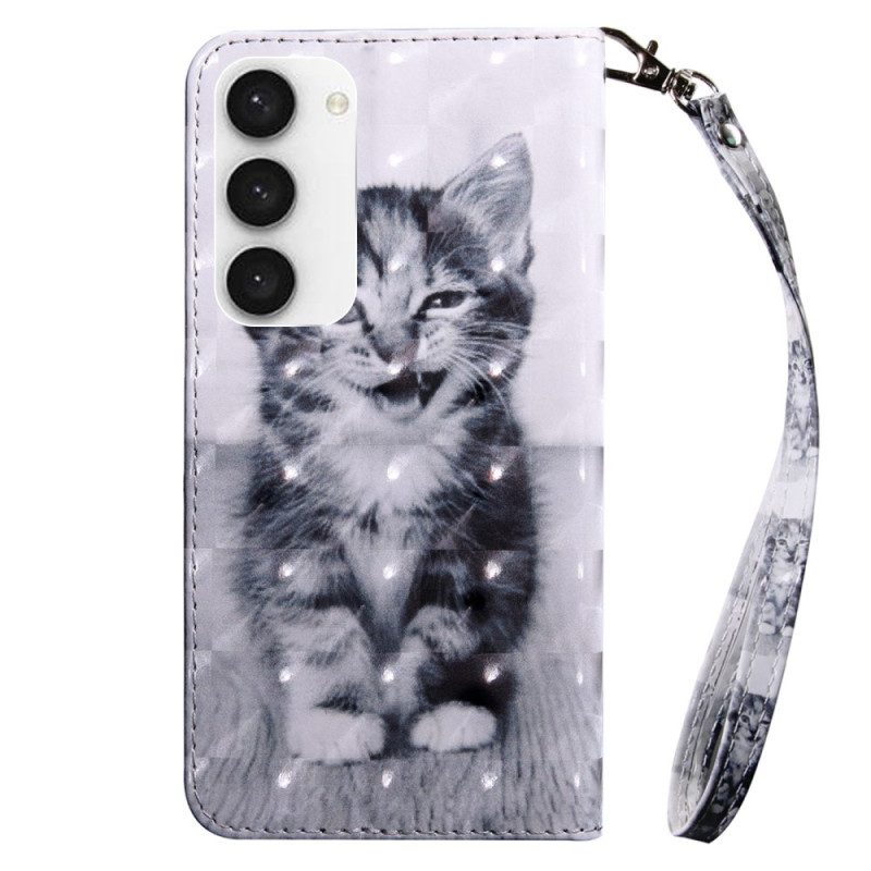 Custodia in pelle Samsung Galaxy S23 5G Gattino Grigio Con Cinturino