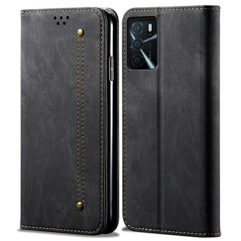 Folio Cover Oppo A16 / A16s Custodia in pelle Tessuto Denim