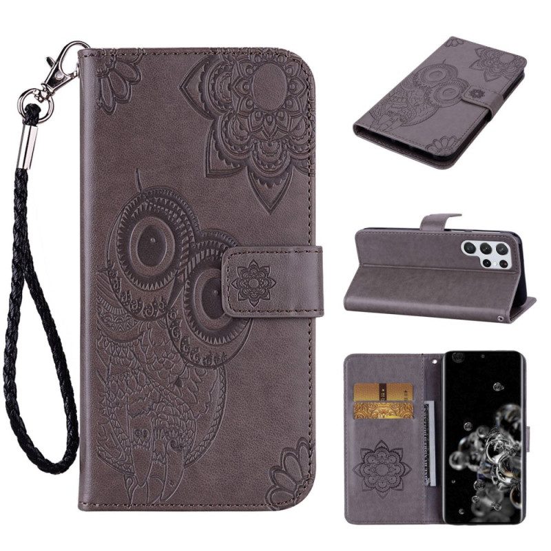 Custodia in pelle Samsung Galaxy S23 Ultra 5G Gufo Mandala E Cordino