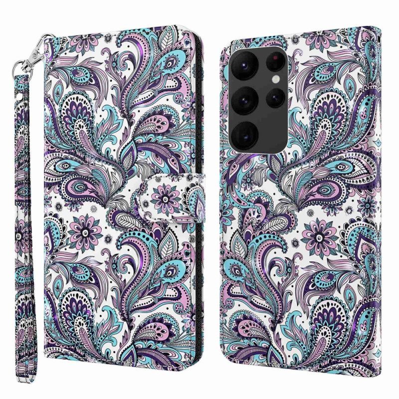 Custodia in pelle Samsung Galaxy S23 Ultra 5G Motivo Paisley Con Spalline