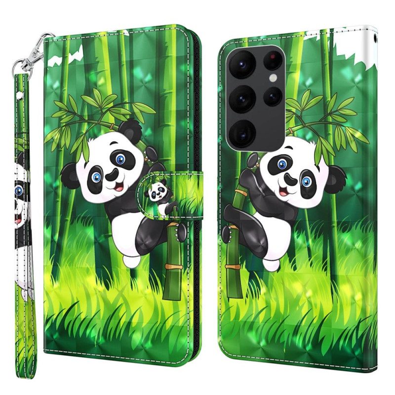 Custodia in pelle Samsung Galaxy S23 Ultra 5G Panda Di Bambù Con Cordino