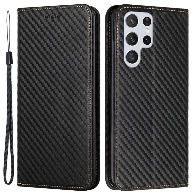 Folio Cover Samsung Galaxy S23 Ultra 5G Custodia in pelle Stile In Fibra Di Carbonio Con Cinturino