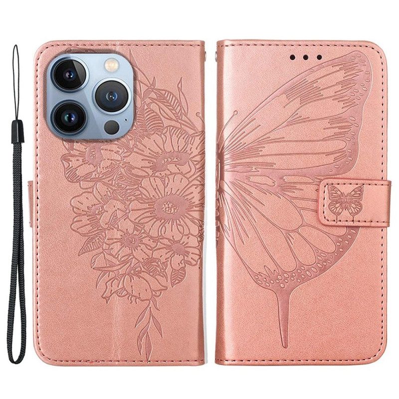 Custodia in pelle iPhone 14 Pro Max Farfalla Barocco Strappy