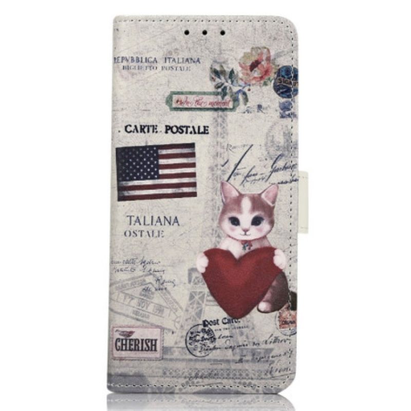 Custodia in pelle iPhone 14 Pro Max Gatto Viaggiatore