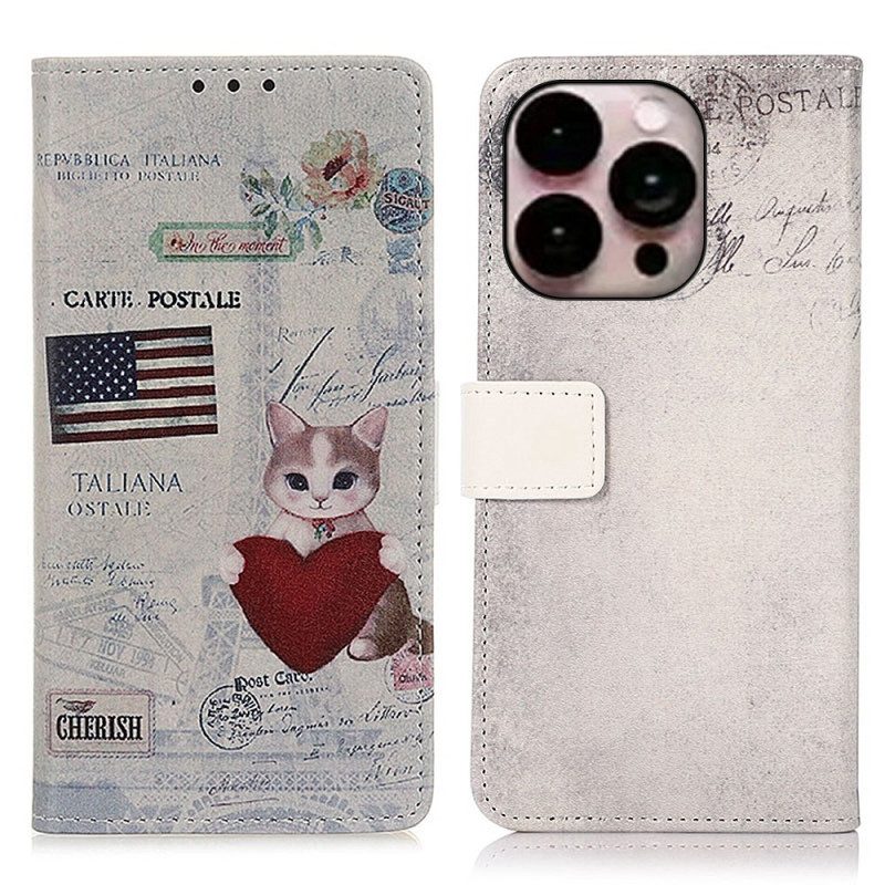 Custodia in pelle iPhone 14 Pro Max Gatto Viaggiatore