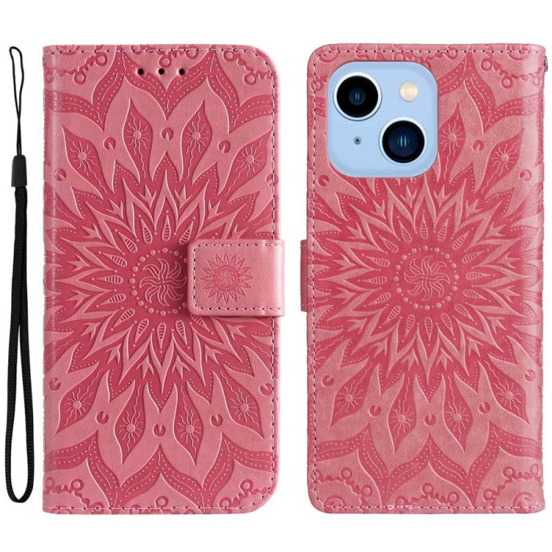 Custodia in pelle iPhone 14 Pro Max Mandala Sole Con Cordino