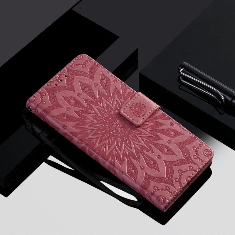 Custodia in pelle iPhone 14 Pro Max Mandala Sole Con Cordino