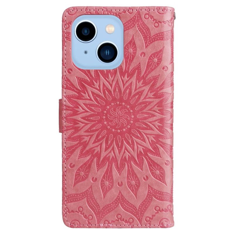 Custodia in pelle iPhone 14 Pro Max Mandala Sole Con Cordino