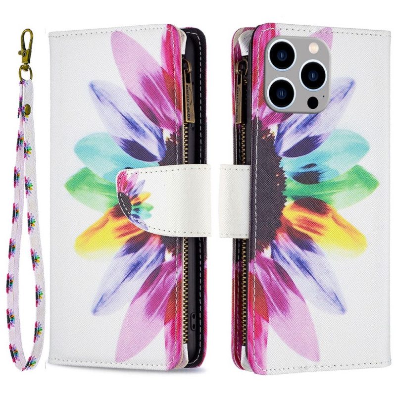 Custodia in pelle iPhone 14 Pro Max Tasca Con Zip A Fiore