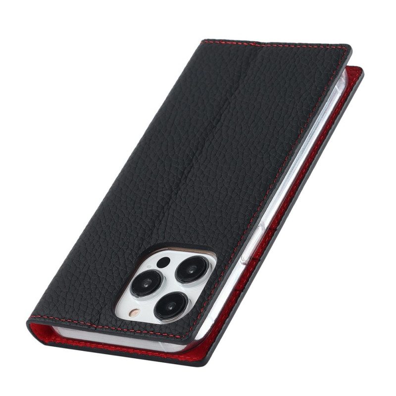 Folio Cover iPhone 14 Pro Max Custodia in pelle Cinturino In Vera Pelle Di Litchi