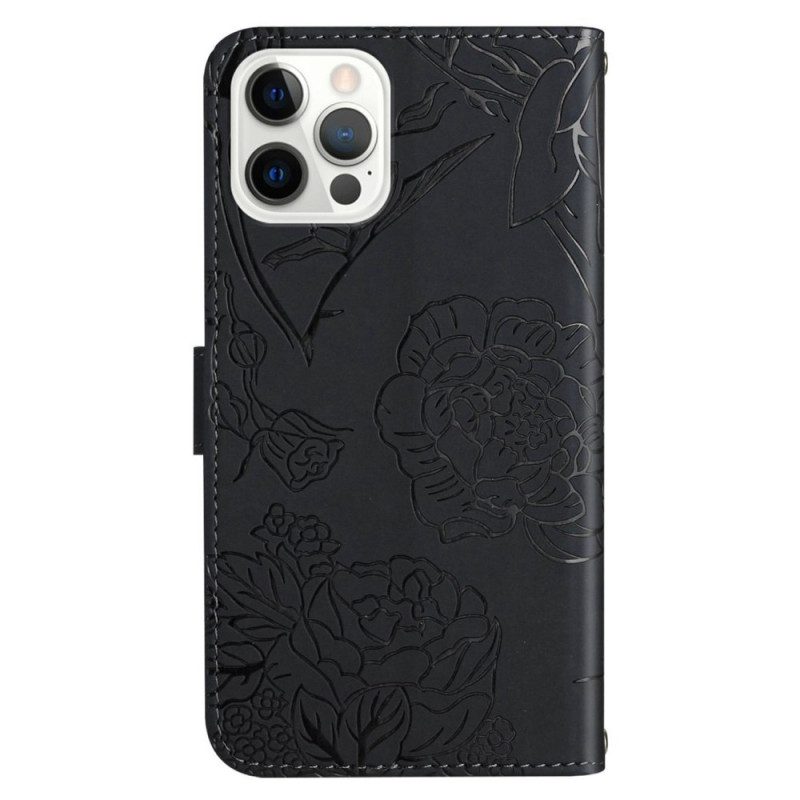 Folio Cover iPhone 14 Pro Max Farfalle E Tracolla