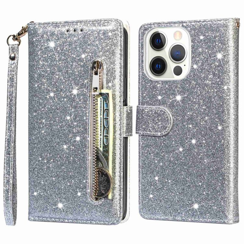 Folio Cover iPhone 14 Pro Max Portafoglio Portafoglio Glitterato