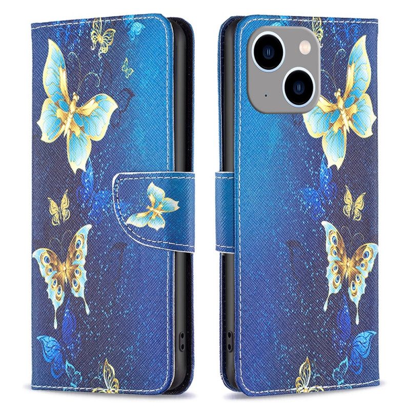 Custodia in pelle iPhone 15 Pro Farfalle Su Sfondo Blu