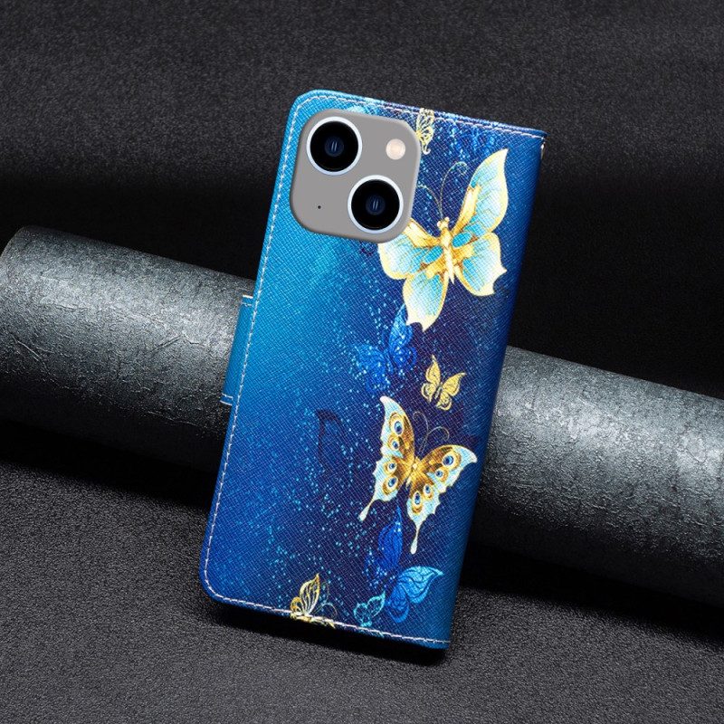 Custodia in pelle iPhone 15 Pro Farfalle Su Sfondo Blu