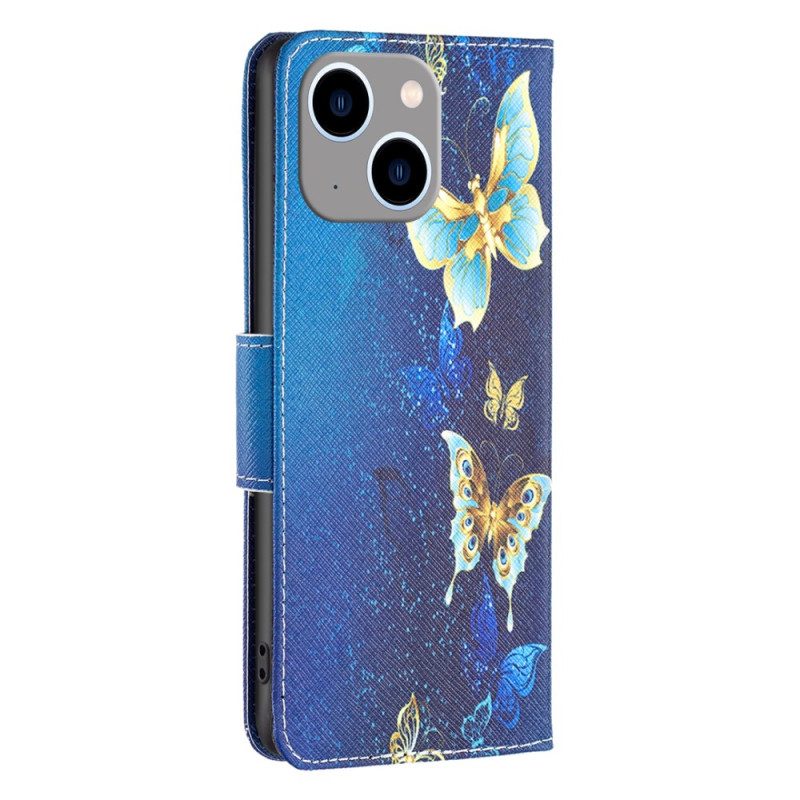 Custodia in pelle iPhone 15 Pro Farfalle Su Sfondo Blu