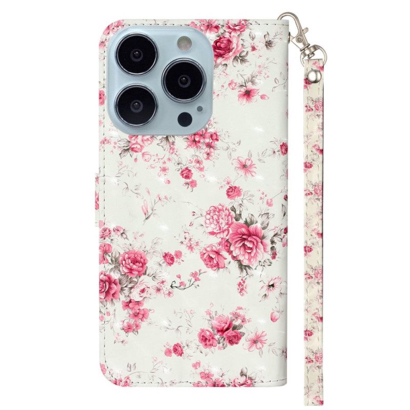 Custodia in pelle iPhone 15 Pro Fiori 3d Con Cinturino