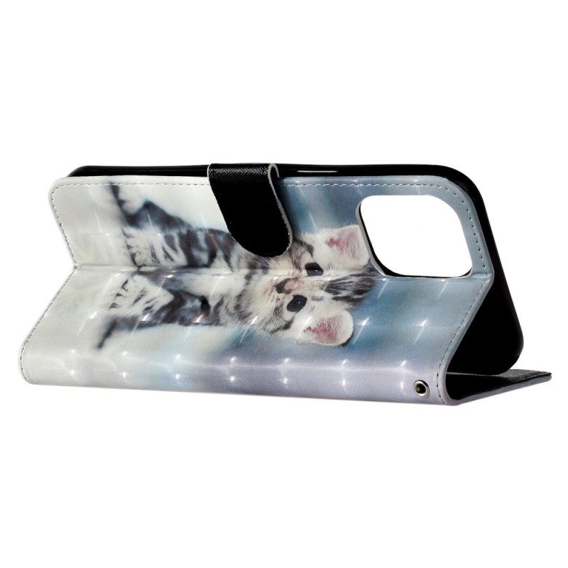 Custodia in pelle iPhone 15 Pro Gattino 3d Con Cinturino