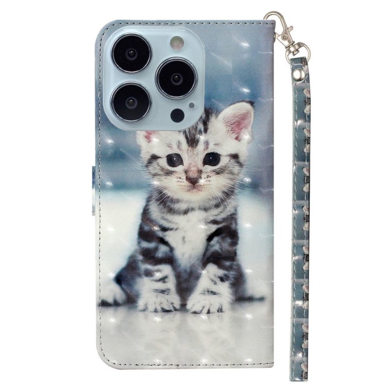 Custodia in pelle iPhone 15 Pro Gattino 3d Con Cinturino